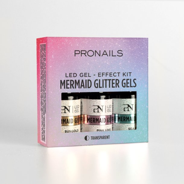 ProNails Mermaid Glitter Gels LED Gel Effect Kit med 3 transparente glitter topcoats &ndash; Sea Blue, Pink Love og Sungold